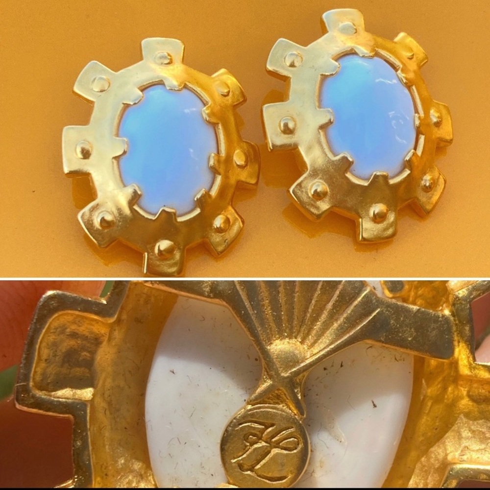 Vintage Signed Karl Lagerfeld Goldtone White Egg Shaped Stone ClipOn Earrings